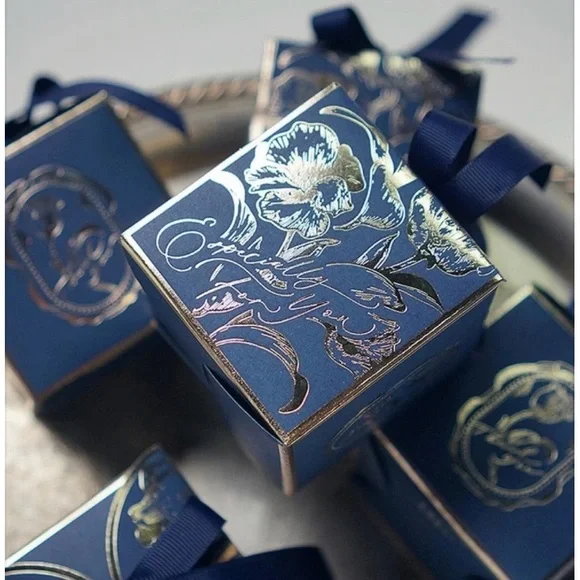 Elegant Blue Favor Boxes with Gold Floral Accents