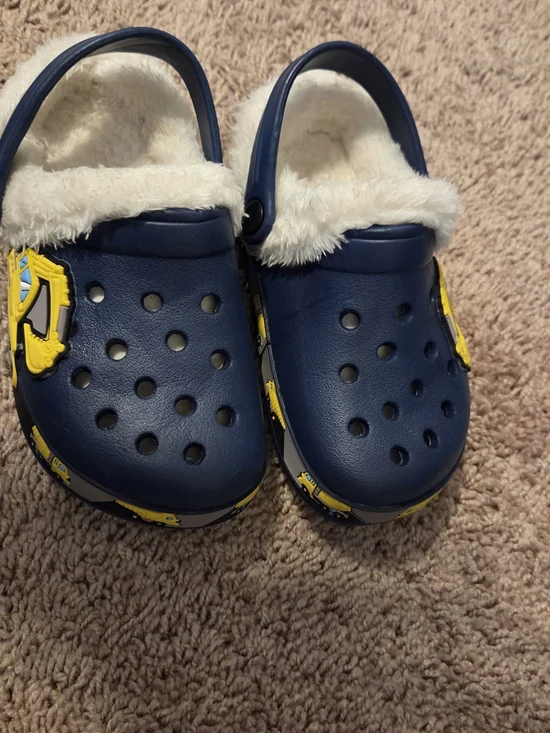 Kids Navy Faux-Fur Lined Clogs with Yellow Truck Accents