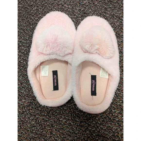 Kensie Girl Kids Pink Faux Fur Pom Pom Slippers House Shoes Size M 13/1