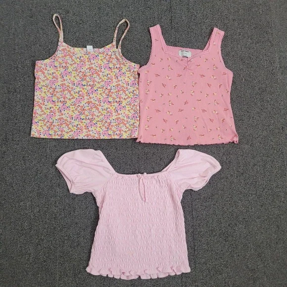 Old Navy XL Girls Top Bundle Pink Floral Smocked Puff Sleeve Tank Cami 3pc