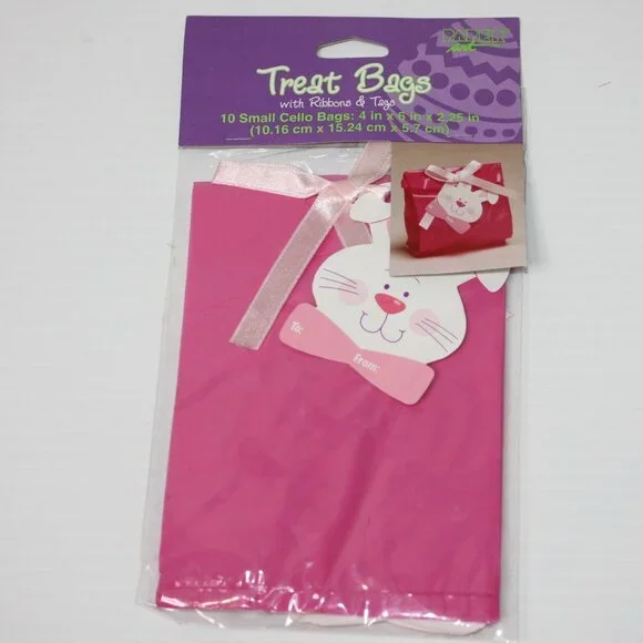 Paper Art 10 Pink with Easter Bunny Face Treat Bags with Ribbons & Tags NEW