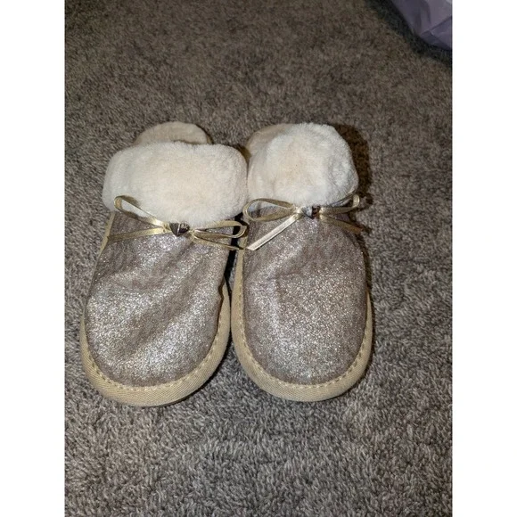 Michael Kors Girls Gold Glitter Leopard Faux Fur Slippers Bow Heart Charm Size 3