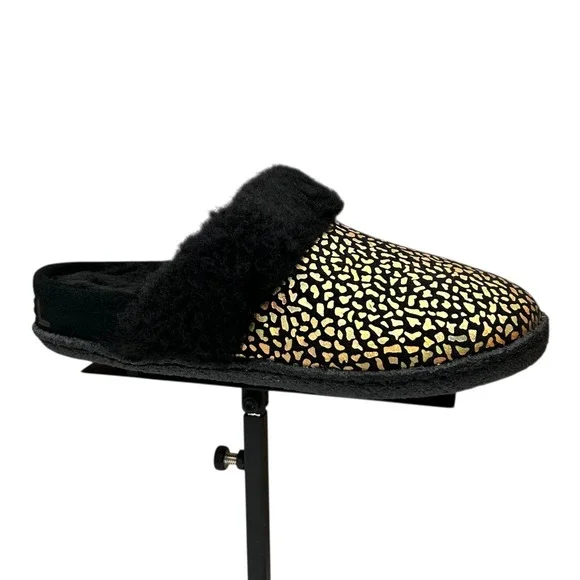 SOREL Nakiska Youth Girls Faux Fur Slippers Size 3 Black Gold‎ Animal Print