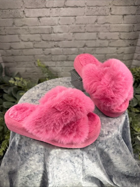 Breezy Stride Pink Fluffy Open Toe Cross-band Cozy Platform Slippers Girls 3M
