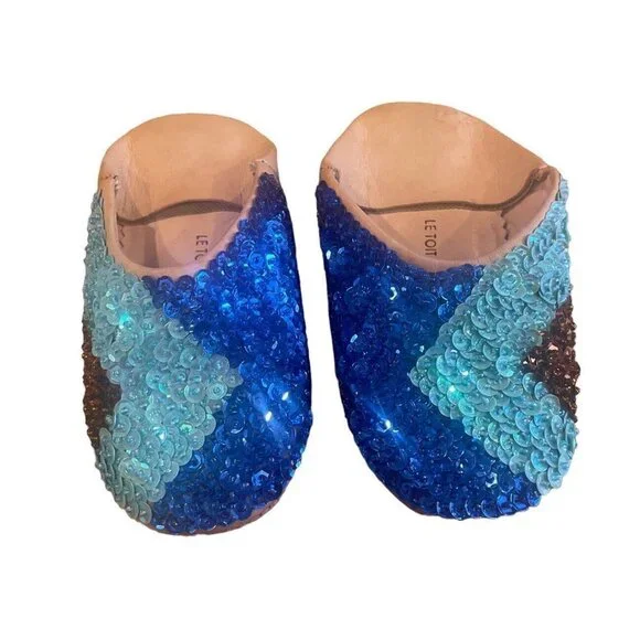 Le Toit de La Lune Handmade Leather Slippers Girls Size 8 Sequins Blue