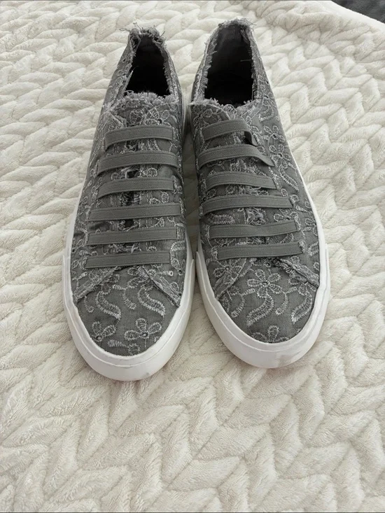 Lush Gray Frayed Slip-On Sneakers with Elastic Straps