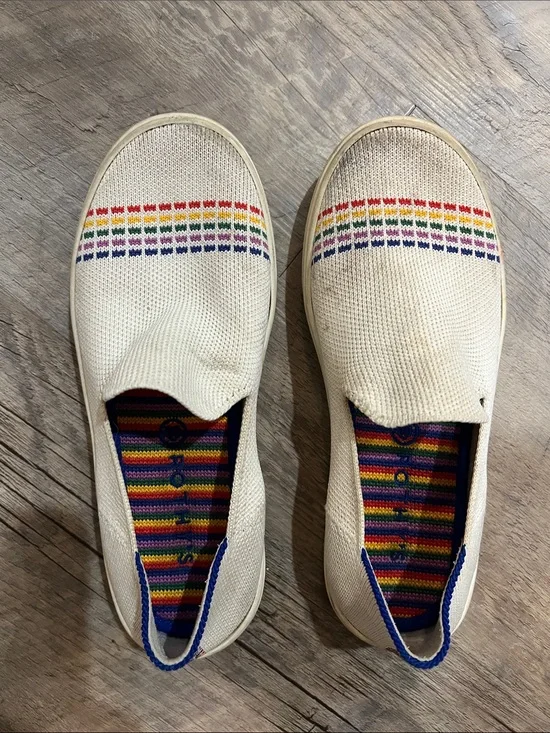 Rothy's Kids Cream Slip-On Sneakers with Rainbow Stripe
