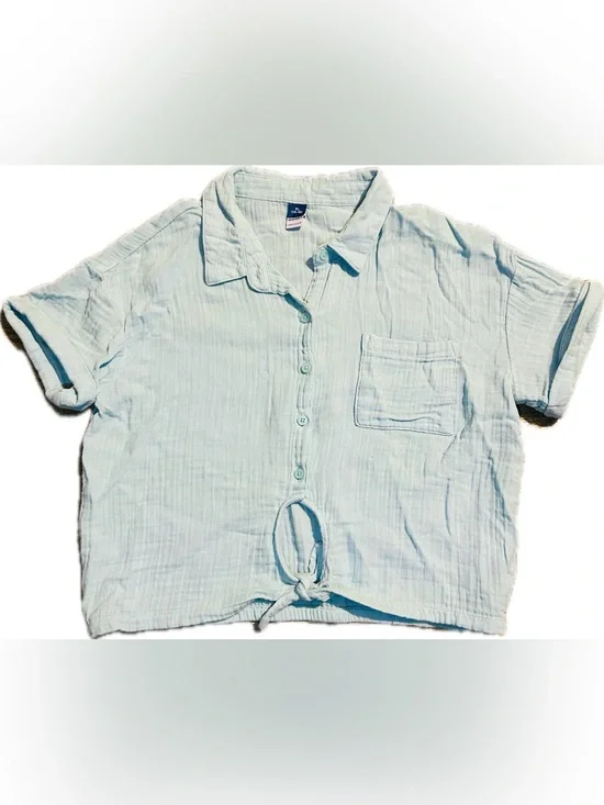 Old Navy Girls Youth 14-16 (XL) Cropped Button Down Twisted Knot Top - Teal Blue