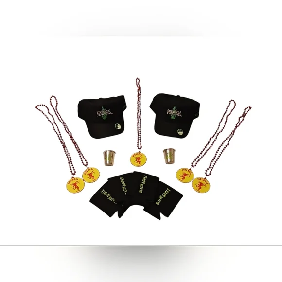 '26 Fireball Flaming Apple Shot Cup x Mardi Gras Bead x Koozie x Hat 16pc Set