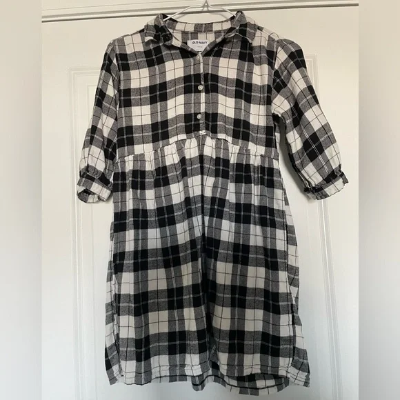 Old Navy Plaid Shirt Dress Girls L 10-12 Casual Collared Black And White