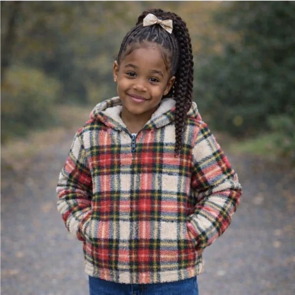 Old Navy Microfleece Hoodie Zip-Front Girl’s XS Tartan Plaid Christmas Holiday