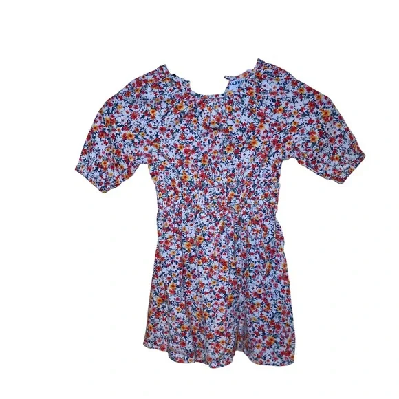 Old Navy Girls 5T Floral Back Cutout Dress Short Puff Sleeve Red Orange Yellow