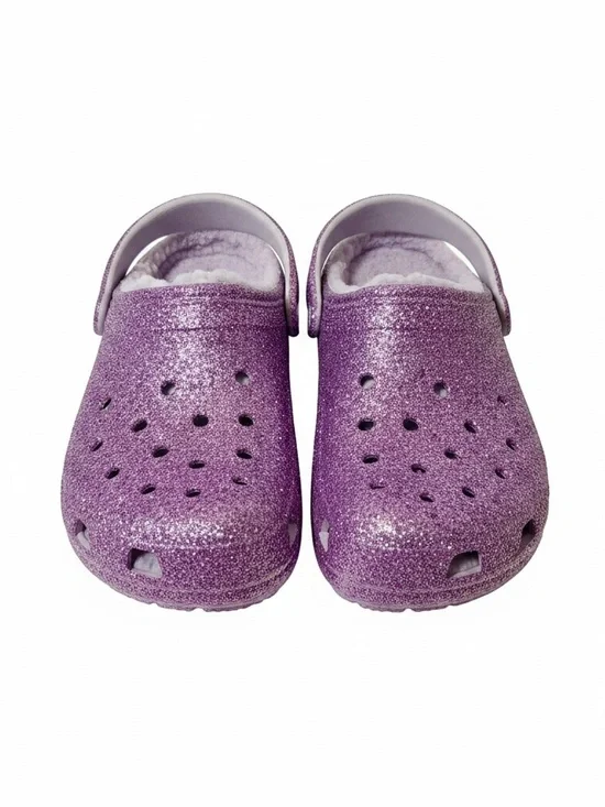 CROCS NWT Kids Purple Glitter Fuzzy Clog with Heel Strap Size 3