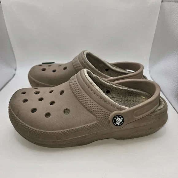 Crocs Kids Girls Classic Lined Clogs Brown Fuzzy Winter Slip On Shoes