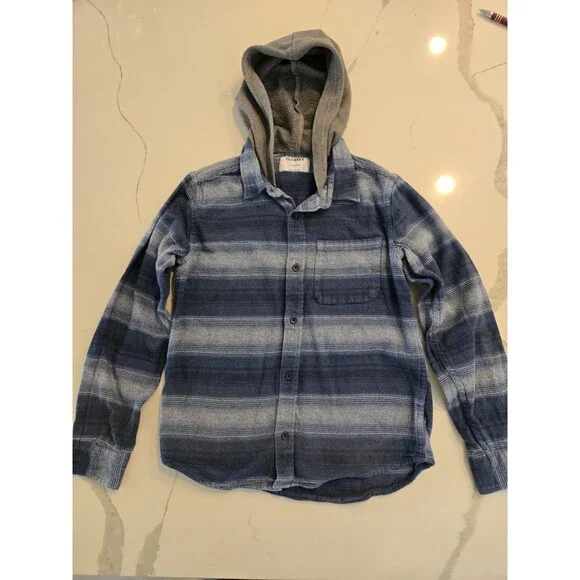 ​Old Navy L 10-12 Plus Striped Hooded Flannel Shirt Kids Blue Plaid Shacket