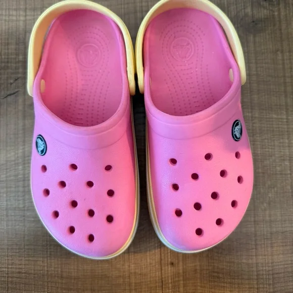 CROCS Kids Slip-On Clogs in Pink with Yellow Strap