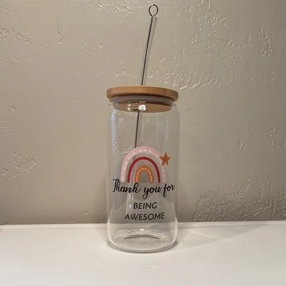 Rainbow Glass Jar with Straw - Thank You Design