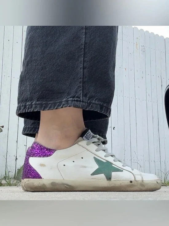 ✨ Golden Goose Super-Star Sneakers – White / Green Star / Purple Glitter Heel 39