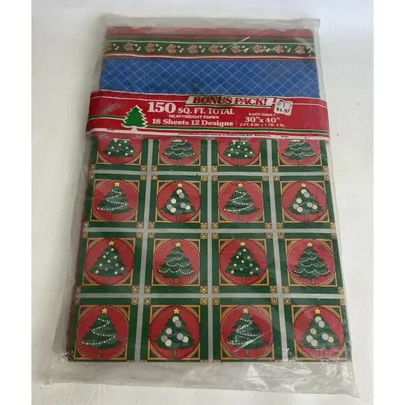 Vintage Wrapping Paper‎ Christmas 150 Square Feet Christmas Trees Snowmen NIP