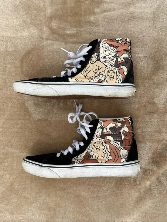 Vans High Top Sneakers Black with Tan and Cream Graphic