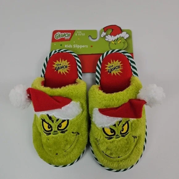 The Grinch Santa Hat Christmas Holiday Kids Slippers Small Size 11/12 New‎