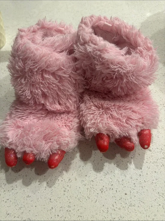Plush Pink Fuzzy Monster Slipper Boots with Red Claws