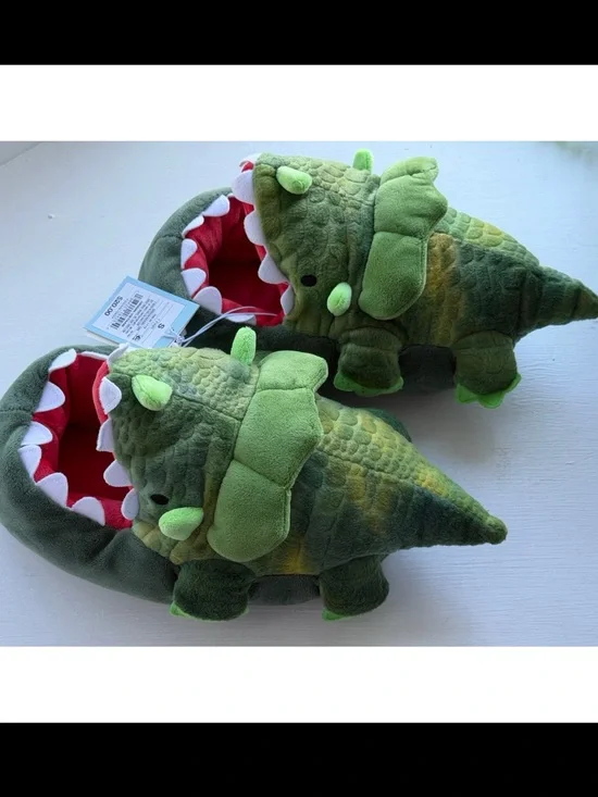 Kids Green Dinosaur Plush Slippers