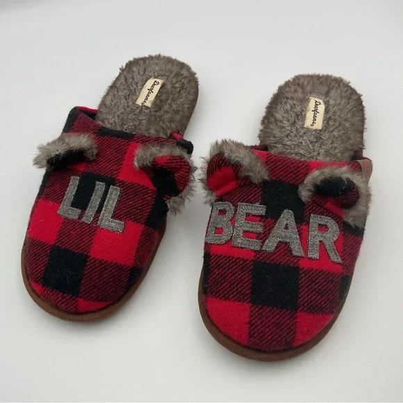 Dear Foams Slippers Youth 4-5 Womens 5.5 Buffalo Check Lil Bear Mule Flats Red