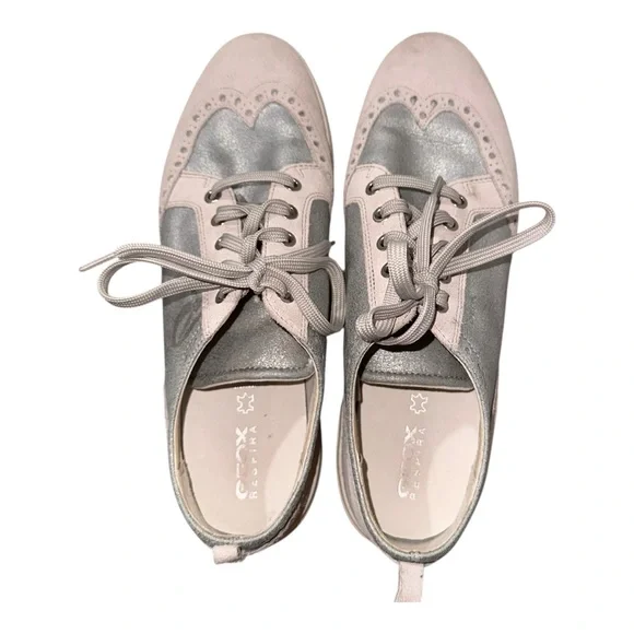 GEOX Respira Women’s Metallic Silver and‎ Gray Wingtip Sneaker Size 10.5/EU 41
