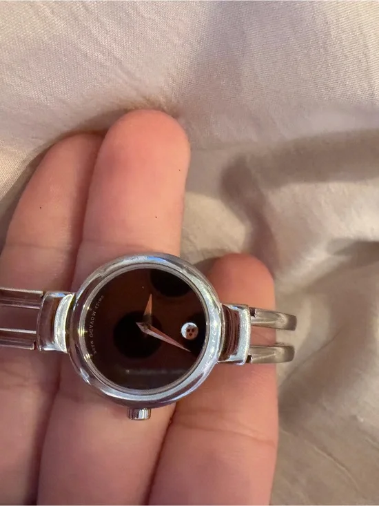 Silver Women's Movado Bracelet Watch with Black Dial