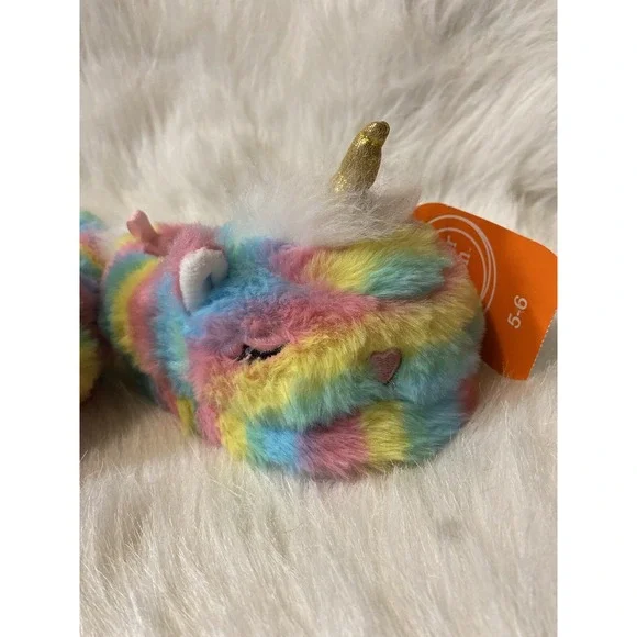Wonder Nation Plush Rainbow Unicorn Slippers Girls Size 5-6 Fuzzy Slip‎ On Shoes