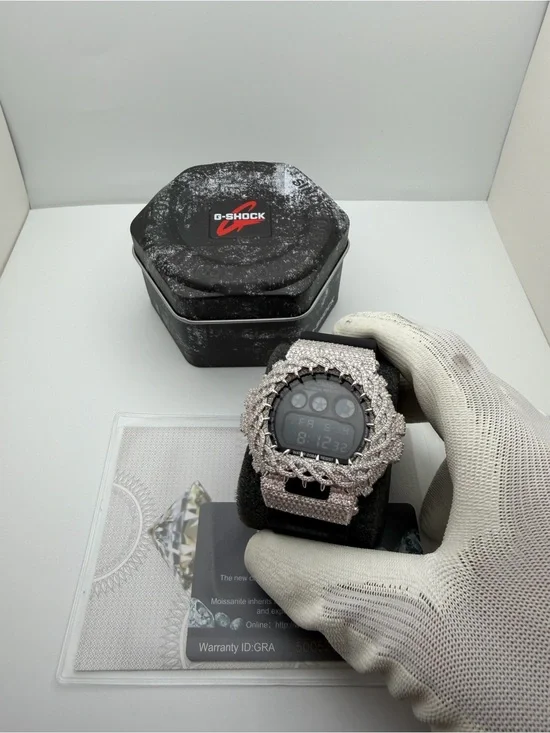G-Shock Black Digital Watch with Silver Moissanite VVS Pavé Bezel
