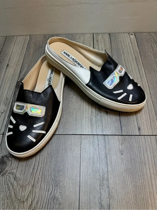 Karl Lagerfeld Paris Black white Leather Cat Mule Slides Shoes Women’s Size 5M