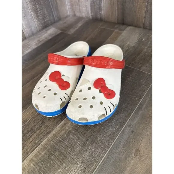 Crocs Hello Kitty Clogs‎ Womens Size 12 Mens Size 10 White Blue 50th Anniversary