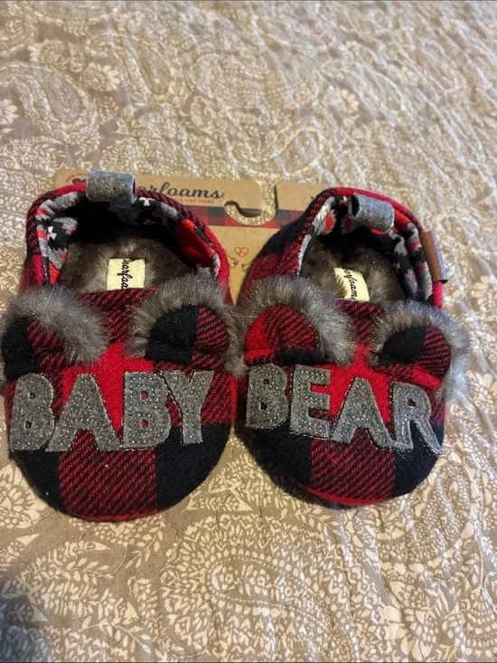 Dearfoams Red & Black Plaid 'BABY BEAR' Kids Slippers