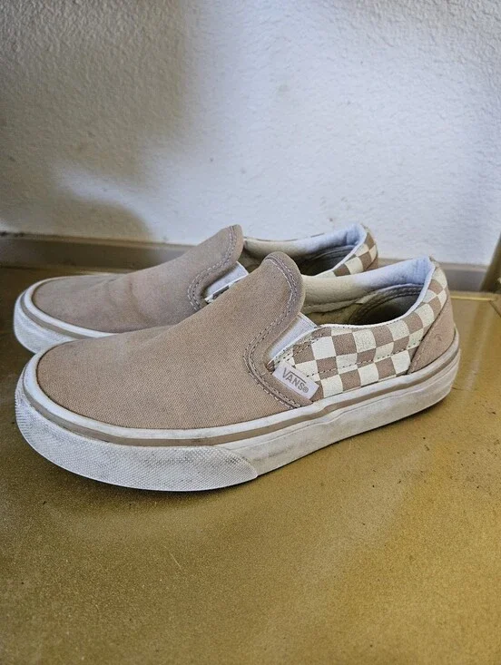 Kids Vans Slip-On Checkerboard Sneakers in Beige