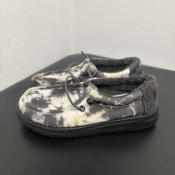 Hey Dude Wally Youth Thunderstruck Tie Dye Black/White Slip On Unisex Shoe Sz 13