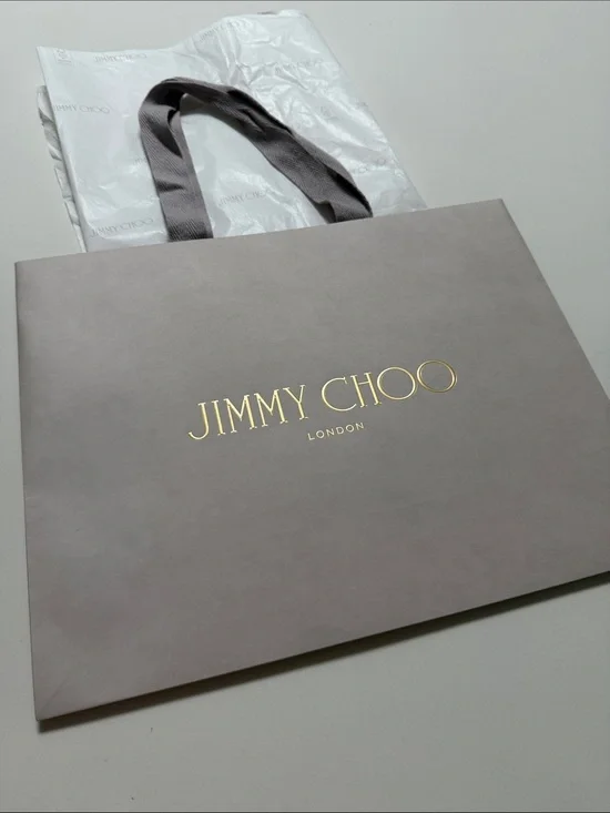 Jimmy Choo strong gift Bag- Taupe with Gold Logo and tissue paper