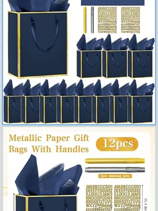 Navy Blue & Gift Bags with Gold Trim - 12 Pack