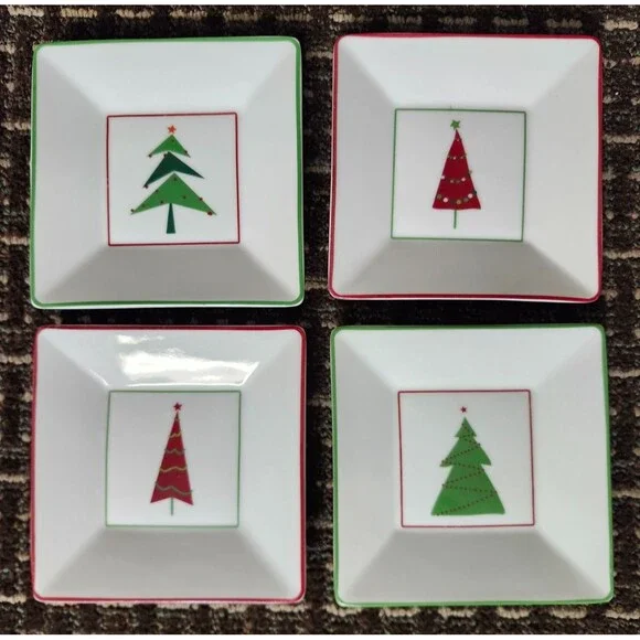 Crate and Barrel Appetizer Plates Christmas Tree Dish Holiday Snack Set of 4