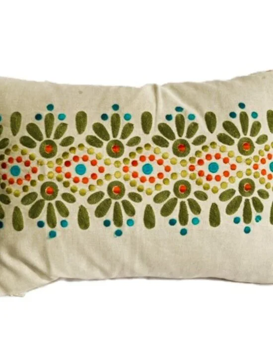 CRATE and  BARREL Embroidered Lumbar Pillow  Boho Linen Cotton 17 x 11 inches