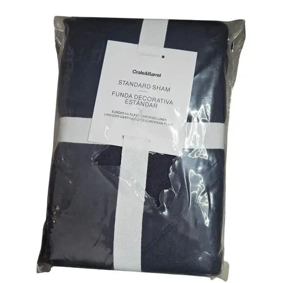 NEW Crate Barrel Standard Pillow Sham Navy Blue Linen European Flax Bedding