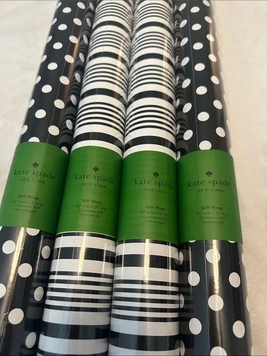 NWT kate spade Black and White Polka Dot & Stripe Gift Wrap Rolls 4pack