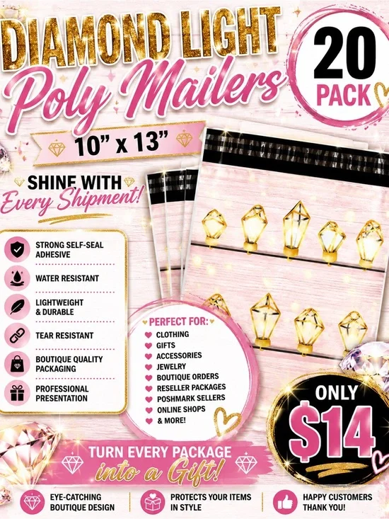 ★ 20 Diamond Light Poly Mailers 10x13 Boutique Shipping Bags