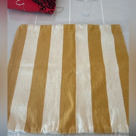 Set of 2 Crate & Barrel Olin Striped Floor Pillow Covers 24x24 Mustard Ivory