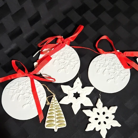 Elegant White Embossed Ceramic Bisque Holiday Ornaments, Set of 6