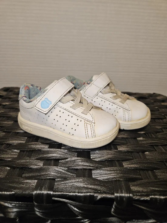 K-Swiss White Kids Velcro Sneakers with Light Blue Shield