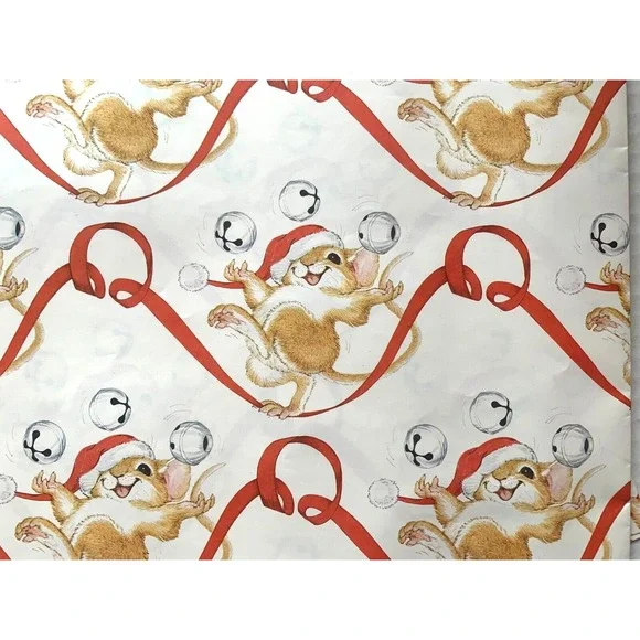 Full Sheet Vtg Current Jingle Bell Mouse Christmas Giftwrap Wrapping Paper Card