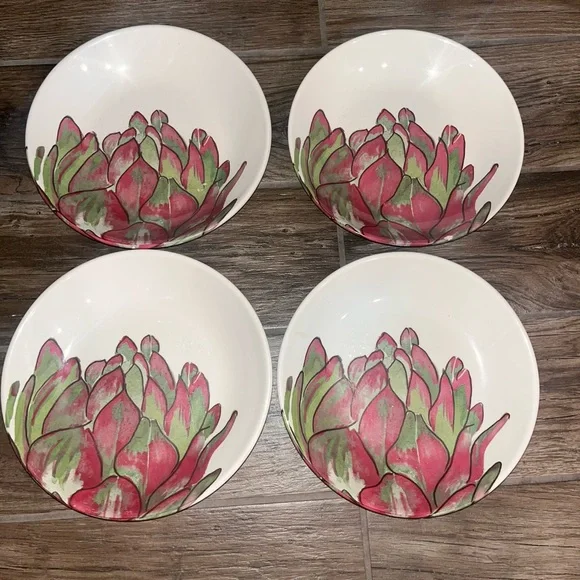 Crate and Barrel Floral Artichoke Ceramic Bowls 9.5”  (Set of 4)