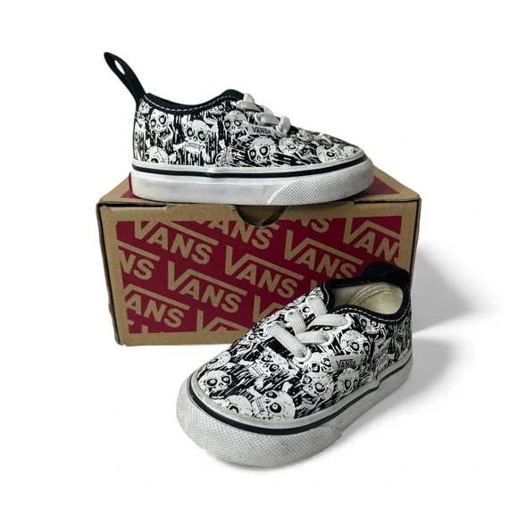 Toddler Vans Authentic Skate Shoes Skull Print Black‎ White Size 4 US